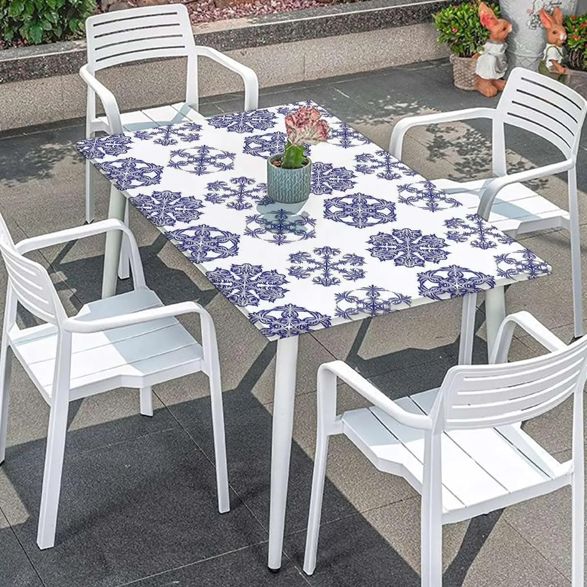Navy Blue White Elastic Fitted Picnic Table Cover Old Fashioned Motifs Water Resistant, Windproof Table Protector for Dining Room Table Blue and White Fits up 5 Foot Tables