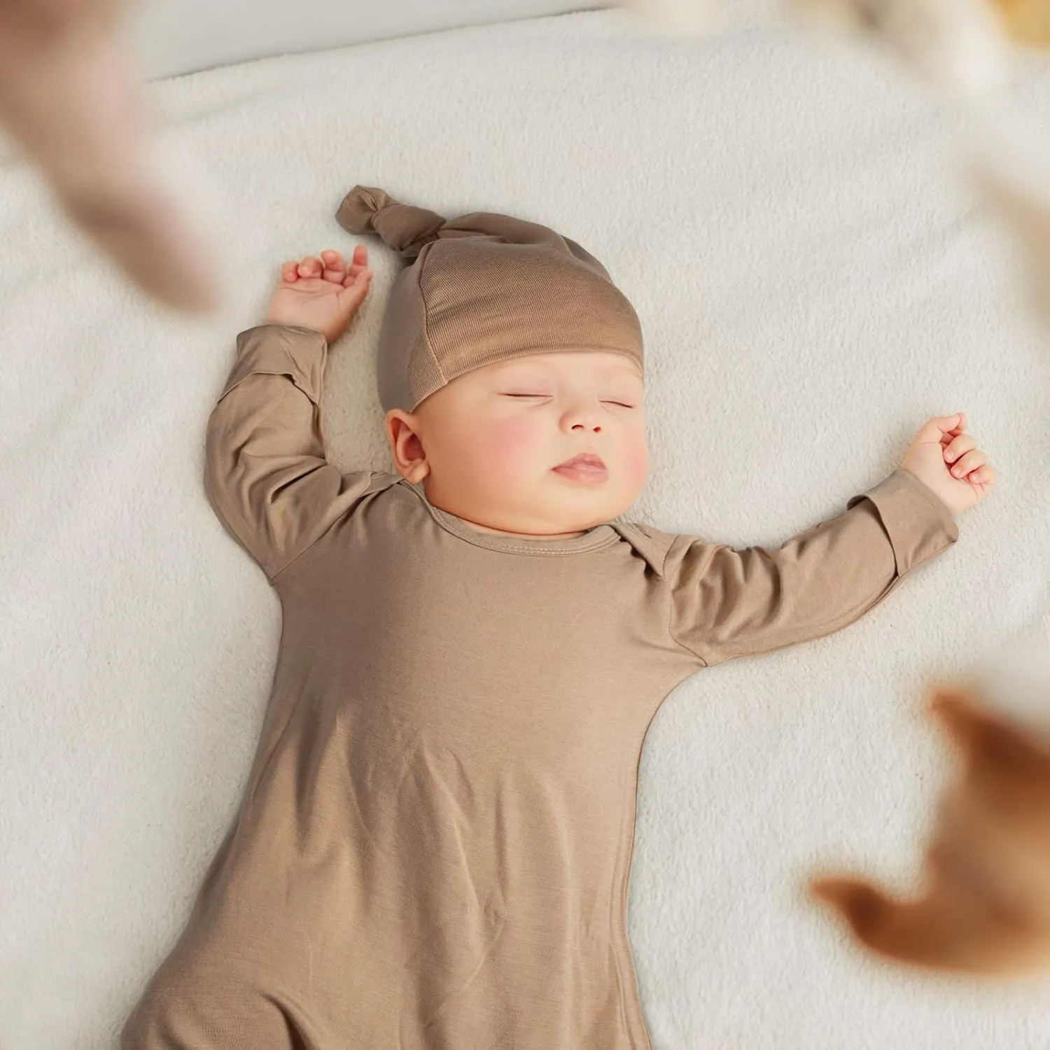 Newborn Baby Knotted Gown, Super Soft Silky Infant Long Sleeve Sleeper for Baby Girl and Boy Sleeping Bag with Hat