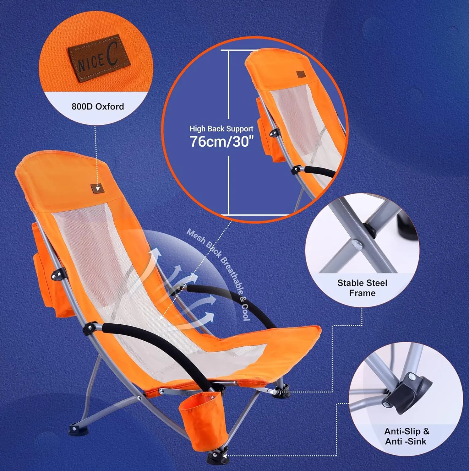 Nice C Beach Chair, Beach Chairs for Adults w/Cooler Compact High Back, Cup Holder & Carry Bag & Heavy Duty Outdoor, Camping, BBQ, Beach, Travel, Picnic, Festival (One Orange)