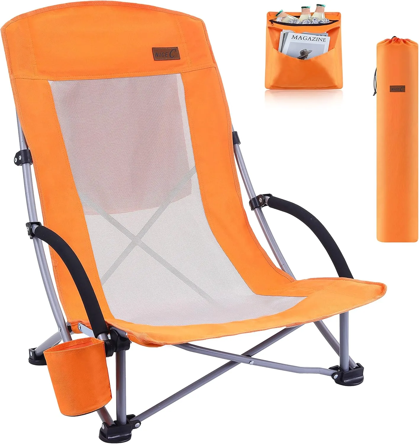Nice C Beach Chair, Beach Chairs for Adults w/Cooler Compact High Back, Cup Holder & Carry Bag & Heavy Duty Outdoor, Camping, BBQ, Beach, Travel, Picnic, Festival (One Orange)