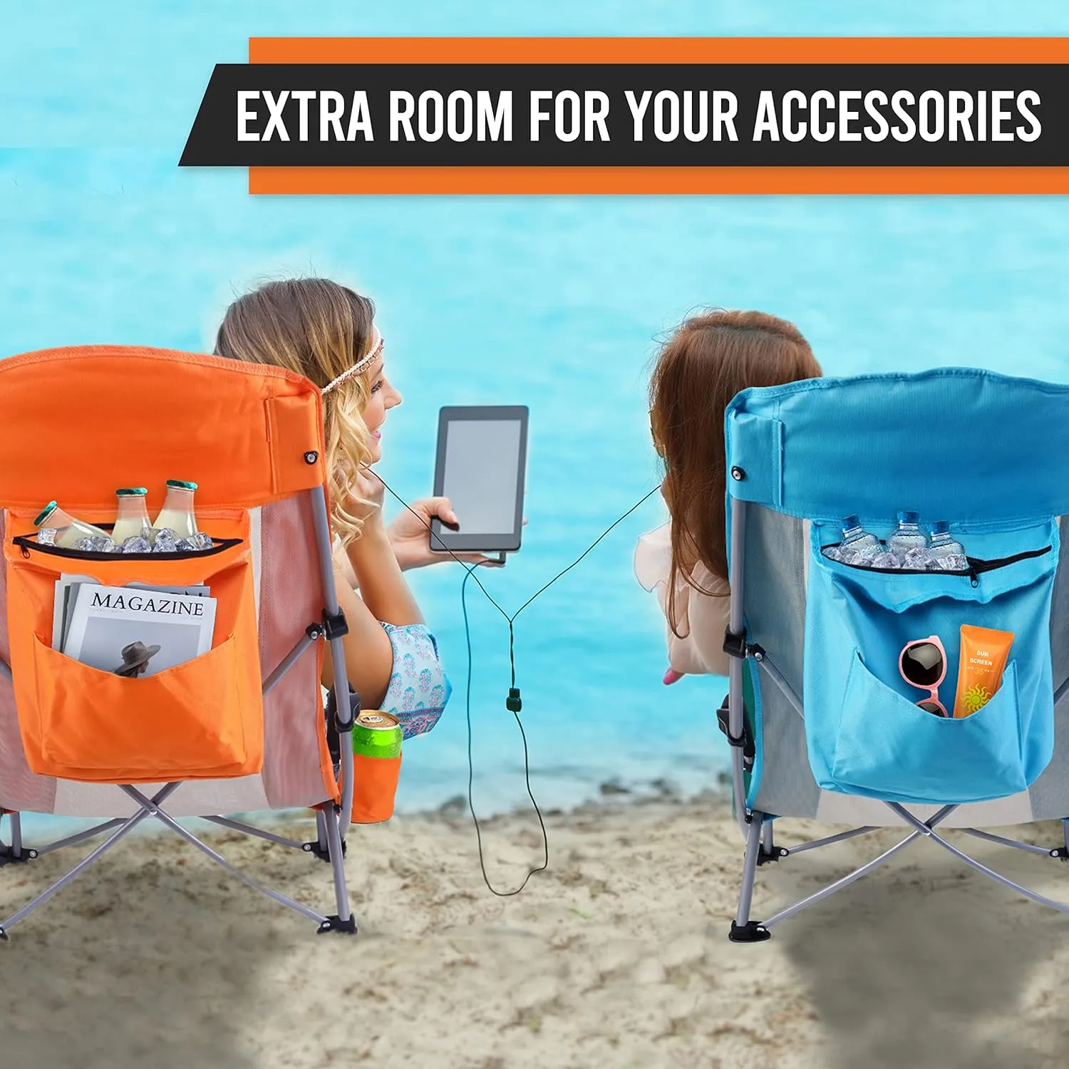 Nice C Beach Chair, Beach Chairs for Adults w/Cooler Compact High Back, Cup Holder & Carry Bag & Heavy Duty Outdoor, Camping, BBQ, Beach, Travel, Picnic, Festival (One Orange)
