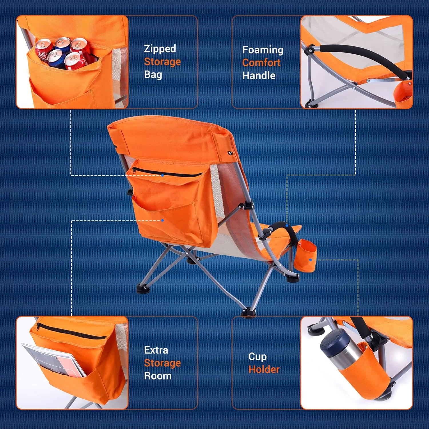 Nice C Beach Chair, Beach Chairs for Adults w/Cooler Compact High Back, Cup Holder & Carry Bag & Heavy Duty Outdoor, Camping, BBQ, Beach, Travel, Picnic, Festival (One Orange)