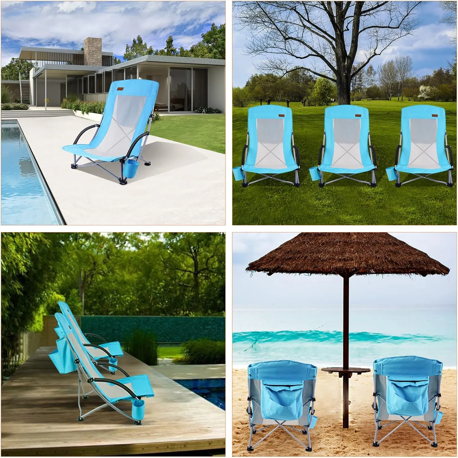 Nice C Compact High Back Beach Chair for Adults w/ Cooler, Cup Holder & Carry Bag - Heavy Duty for Outdoor, Camping, BBQ, Travel, Picnic, Festival (One Blue)