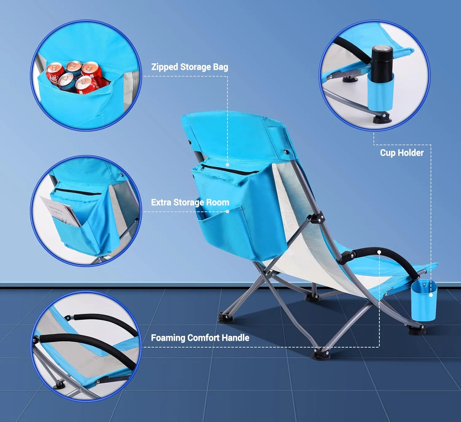Nice C Compact High Back Beach Chair for Adults w/ Cooler, Cup Holder & Carry Bag - Heavy Duty for Outdoor, Camping, BBQ, Travel, Picnic, Festival (One Blue)