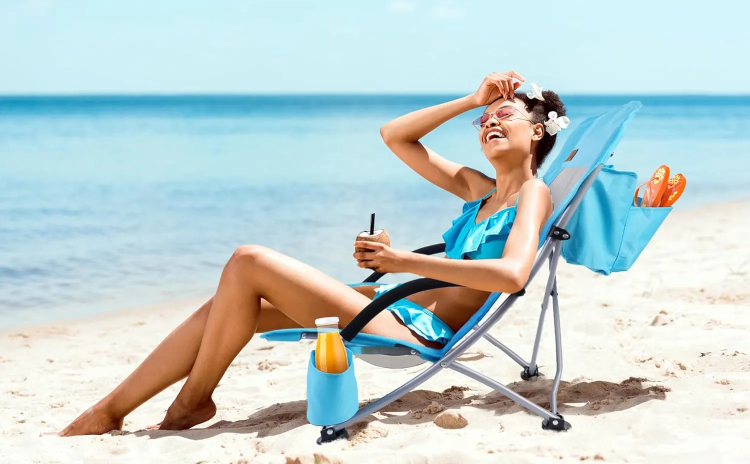 Nice C Compact High Back Beach Chair for Adults w/ Cooler, Cup Holder & Carry Bag - Heavy Duty for Outdoor, Camping, BBQ, Travel, Picnic, Festival (One Blue)