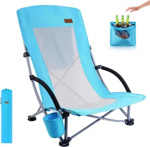 Nice C Compact High Back Beach Chair for Adults w/ Cooler, Cup Holder & Carry Bag - Heavy Duty for Outdoor, Camping, BBQ, Travel, Picnic, Festival (One Blue)