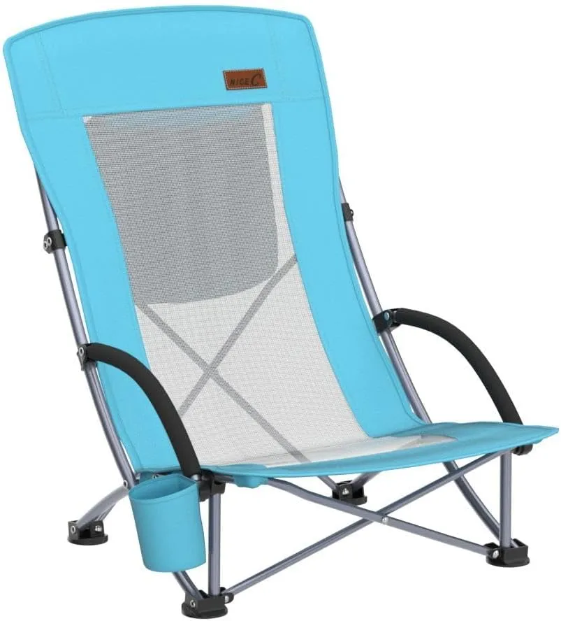 Nice C Compact High Back Beach Chair for Adults w/ Cooler, Cup Holder & Carry Bag - Heavy Duty for Outdoor, Camping, BBQ, Travel, Picnic, Festival (One Blue)