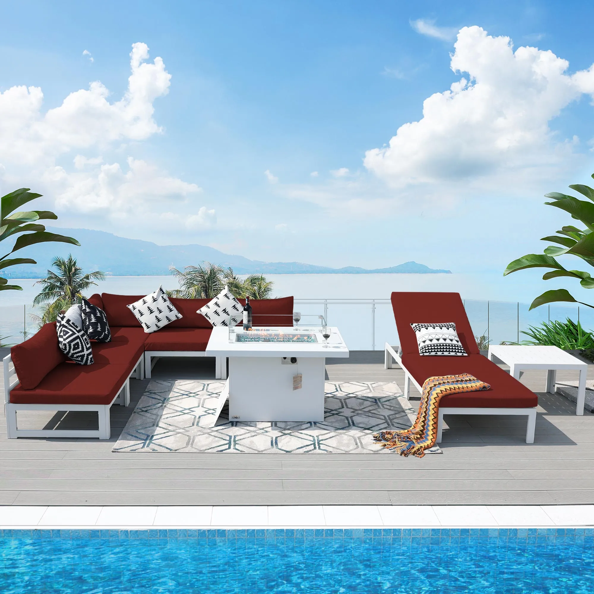 NICESOUL Aluminum Patio Sofa with Fire Pit, Chaise Lounge, Table 6 Seater 8-Piece