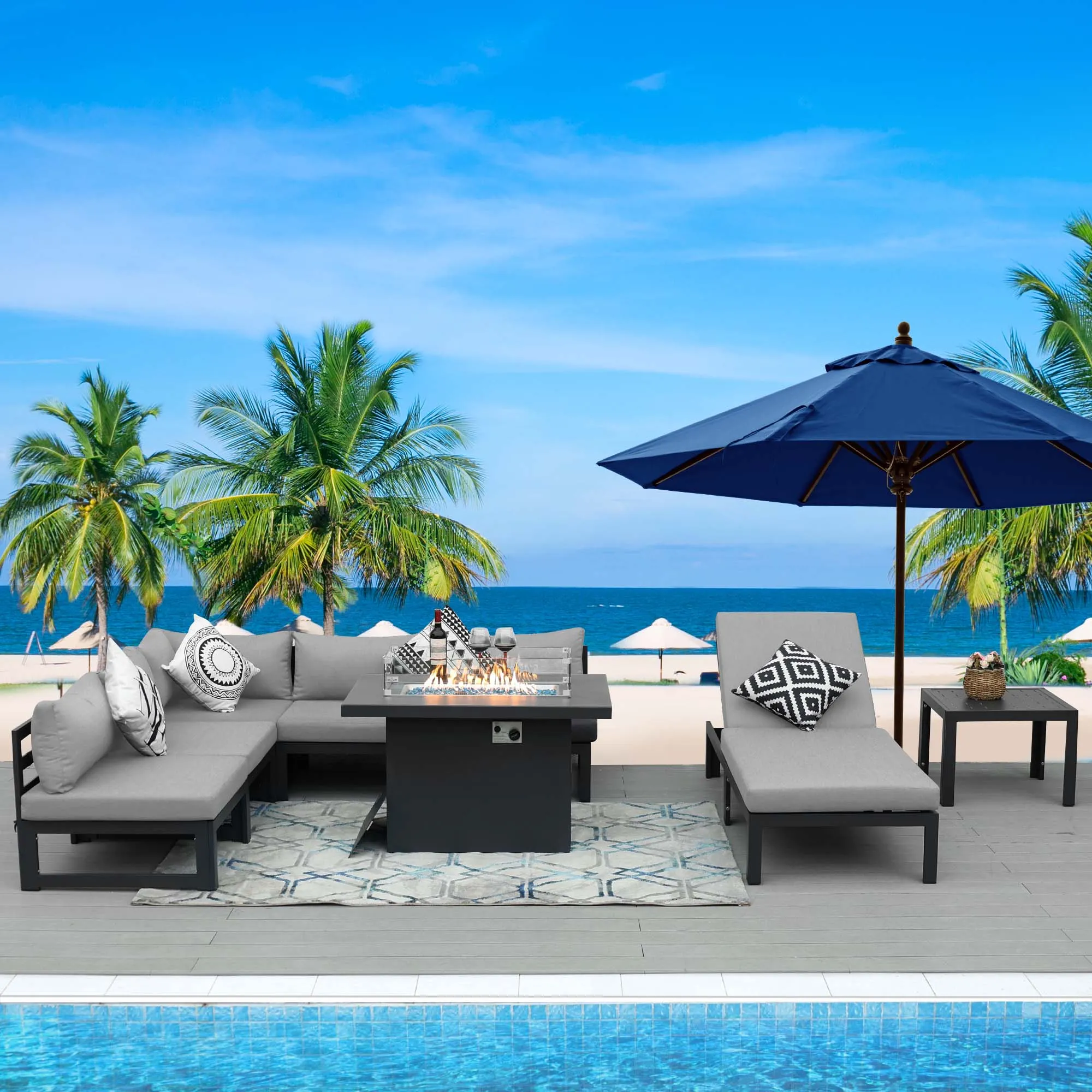 NICESOUL Aluminum Patio Sofa with Fire Pit, Chaise Lounge, Table 6 Seater 8-Piece
