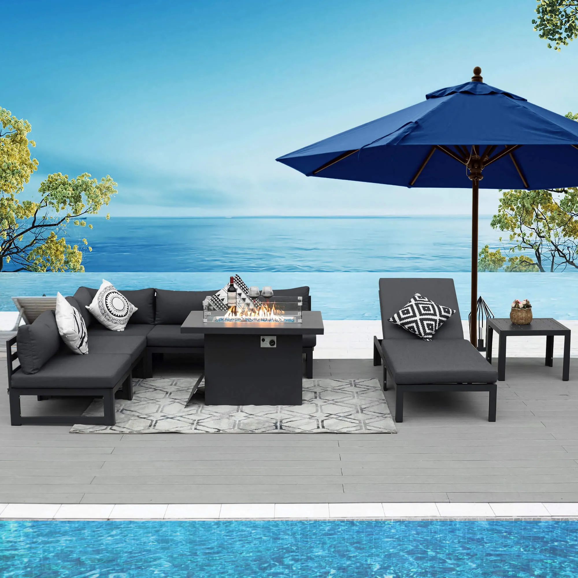 NICESOUL Aluminum Patio Sofa with Fire Pit, Chaise Lounge, Table 6 Seater 8-Piece