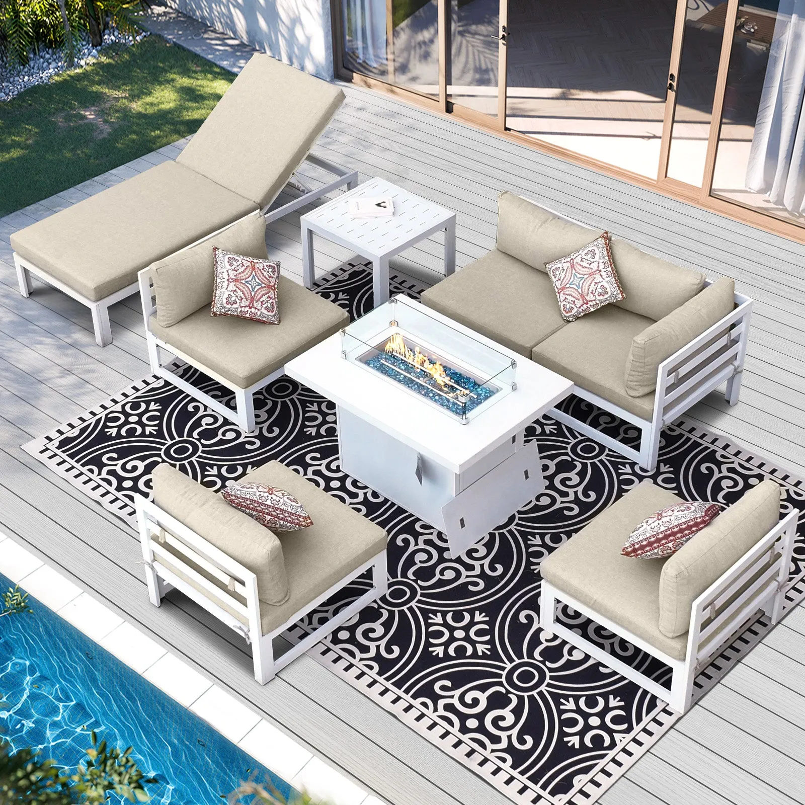 NICESOUL Aluminum Patio Sofa with Fire Pit, Chaise Lounge, Table 6 Seater 8-Piece