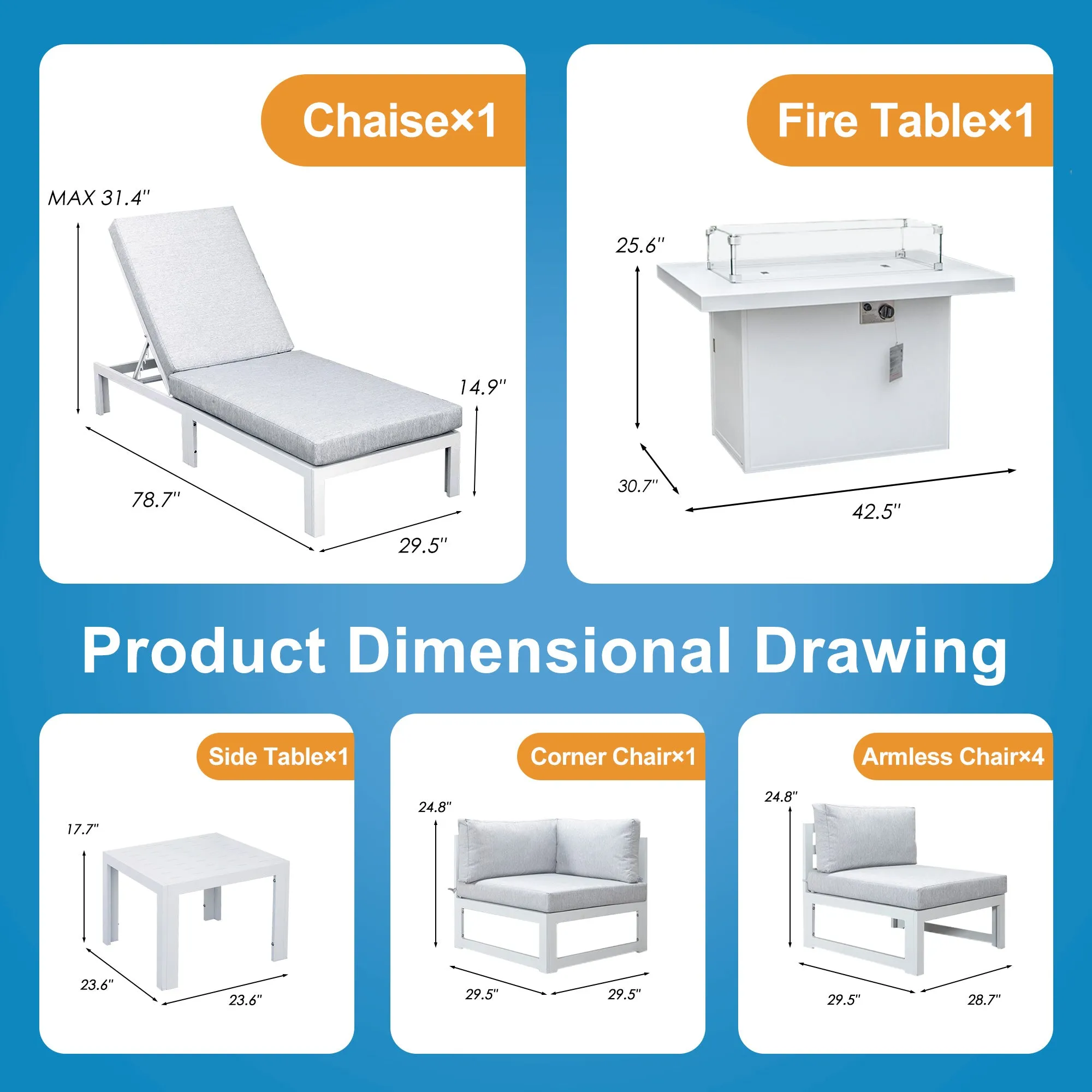 NICESOUL Aluminum Patio Sofa with Fire Pit, Chaise Lounge, Table 6 Seater 8-Piece