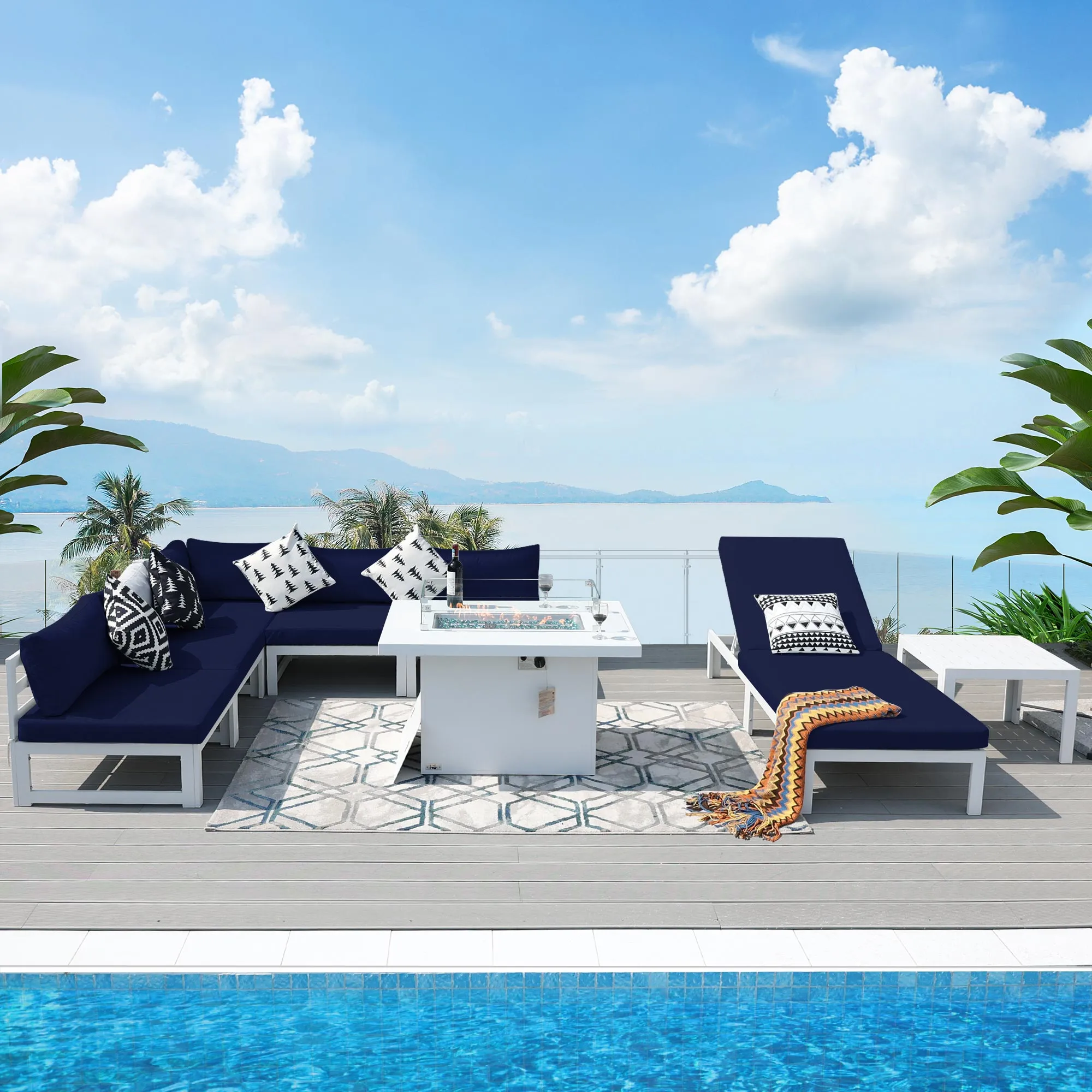 NICESOUL Aluminum Patio Sofa with Fire Pit, Chaise Lounge, Table 6 Seater 8-Piece
