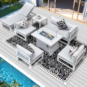 NICESOUL Aluminum Patio Sofa with Fire Pit, Chaise Lounge, Table 6 Seater 8-Piece