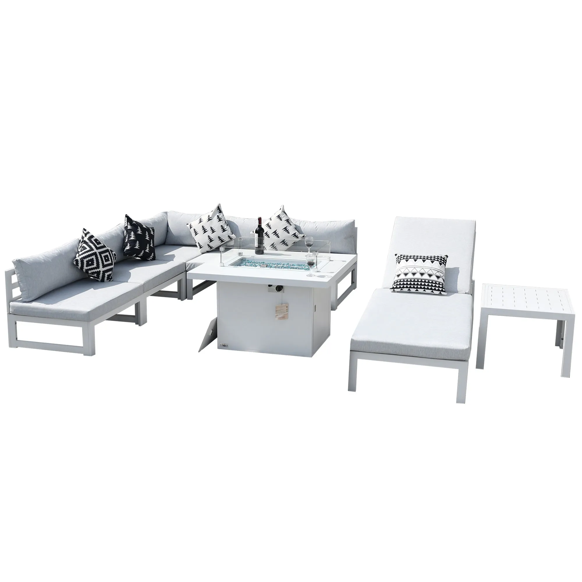 NICESOUL Aluminum Patio Sofa with Fire Pit, Chaise Lounge, Table 6 Seater 8-Piece