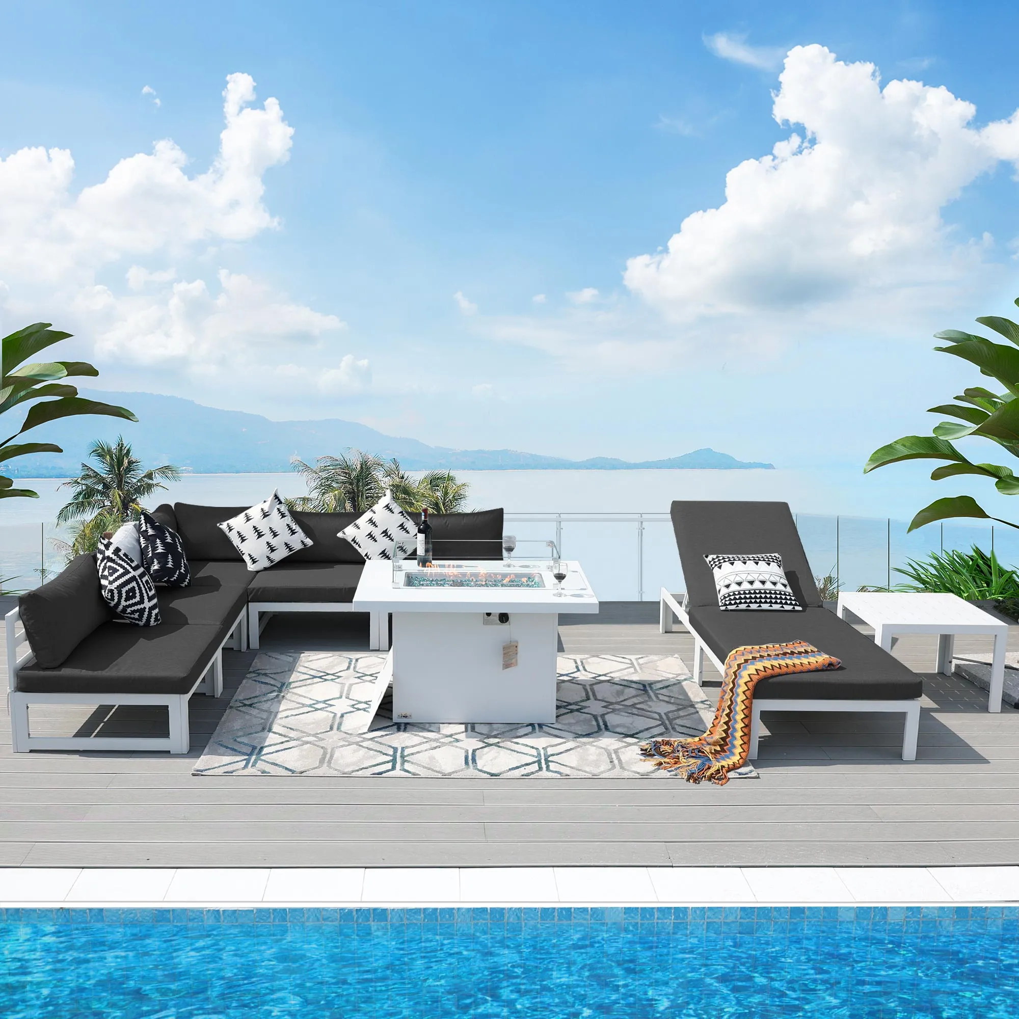 NICESOUL Aluminum Patio Sofa with Fire Pit, Chaise Lounge, Table 6 Seater 8-Piece