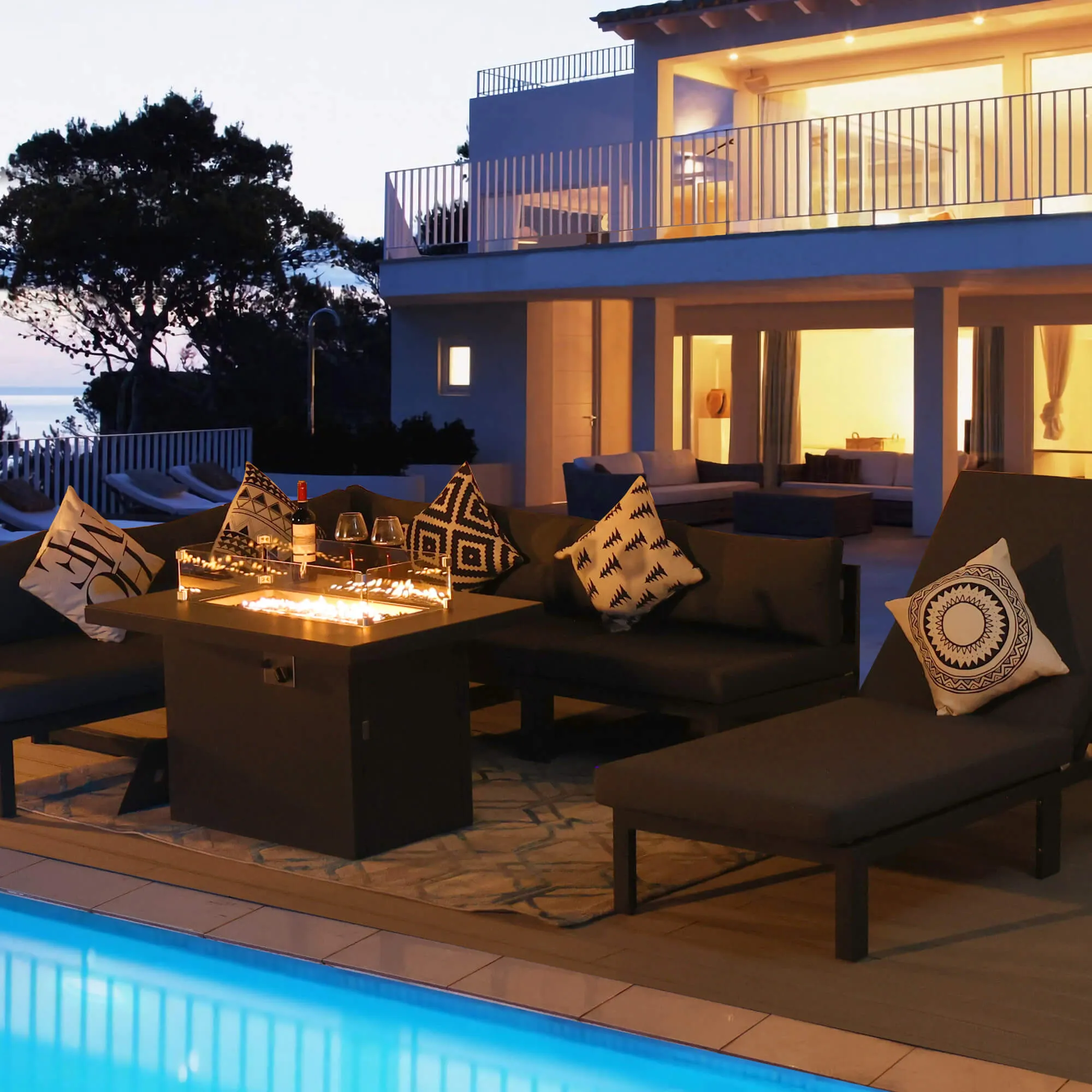 NICESOUL Aluminum Patio Sofa with Fire Pit, Chaise Lounge, Table 6 Seater 8-Piece