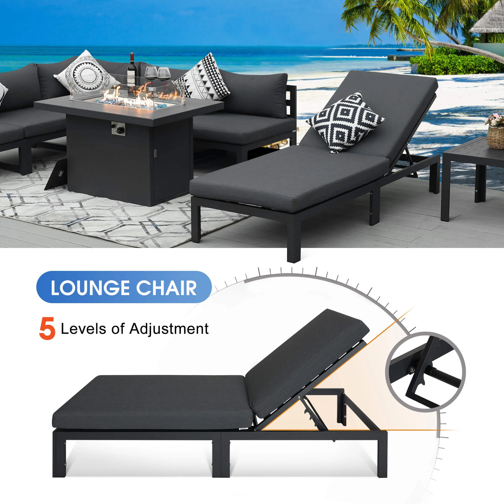 NICESOUL Aluminum Patio Sofa with Fire Pit, Chaise Lounge, Table 6 Seater 8-Piece