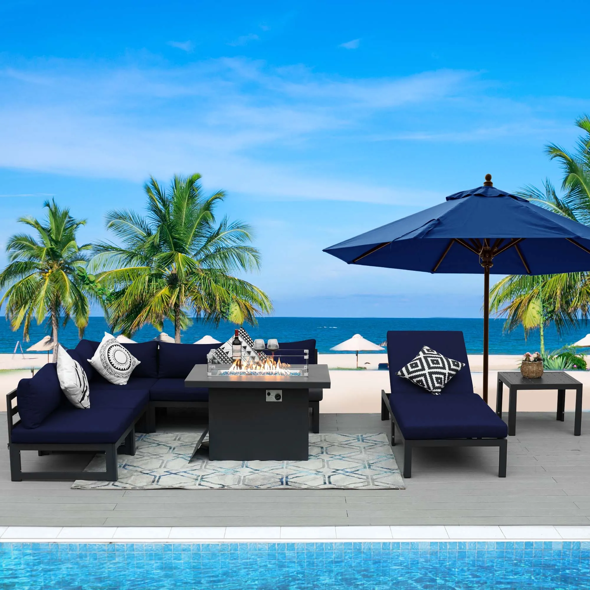 NICESOUL Aluminum Patio Sofa with Fire Pit, Chaise Lounge, Table 6 Seater 8-Piece