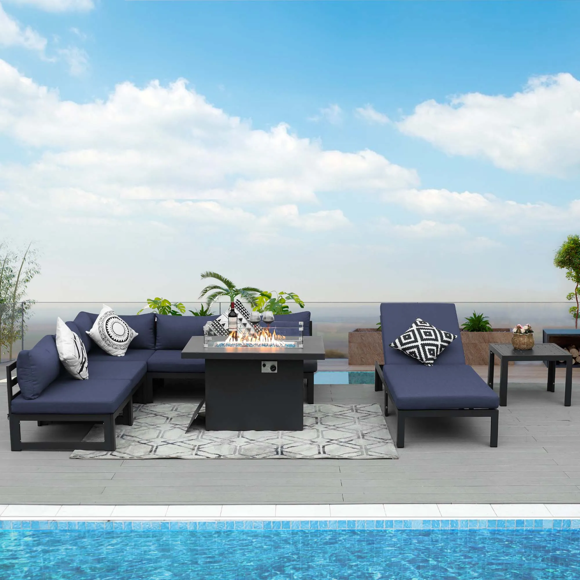 NICESOUL Aluminum Patio Sofa with Fire Pit, Chaise Lounge, Table 6 Seater 8-Piece