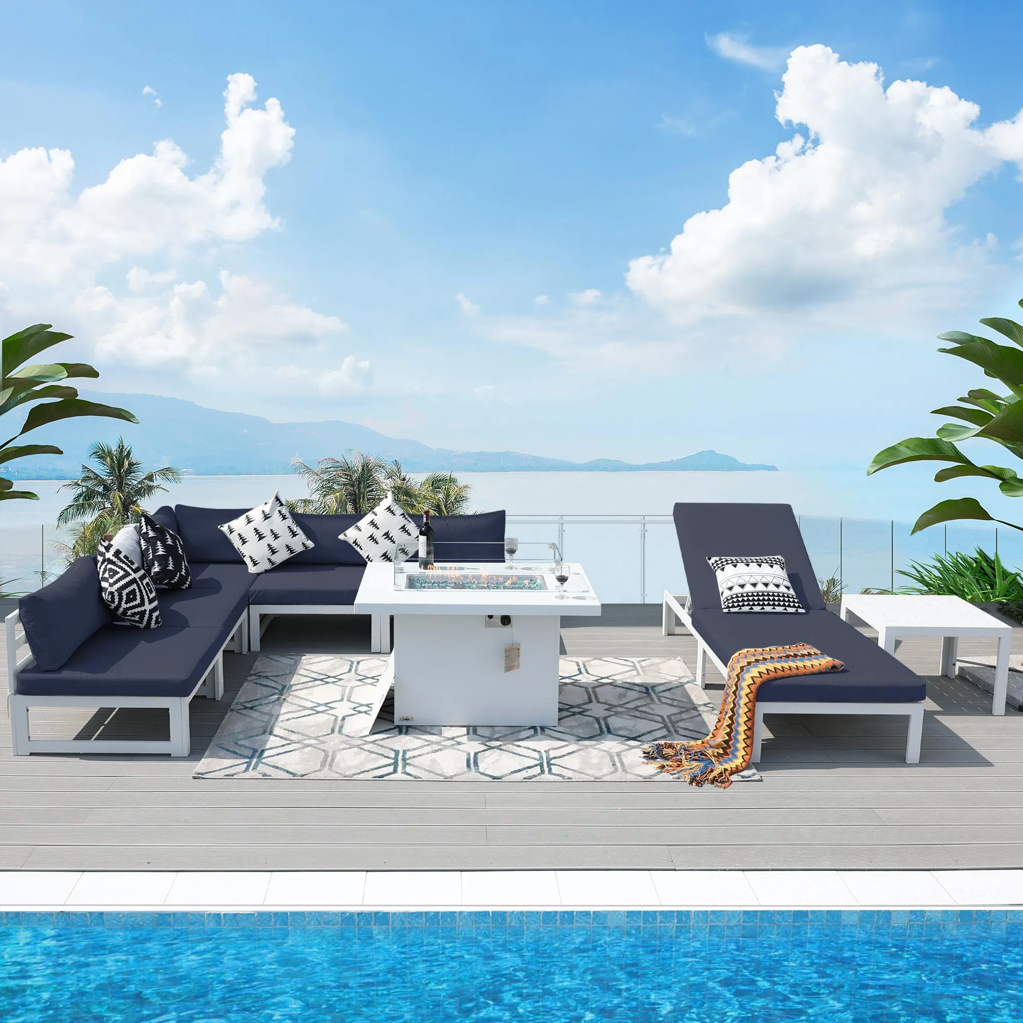 NICESOUL Aluminum Patio Sofa with Fire Pit, Chaise Lounge, Table 6 Seater 8-Piece