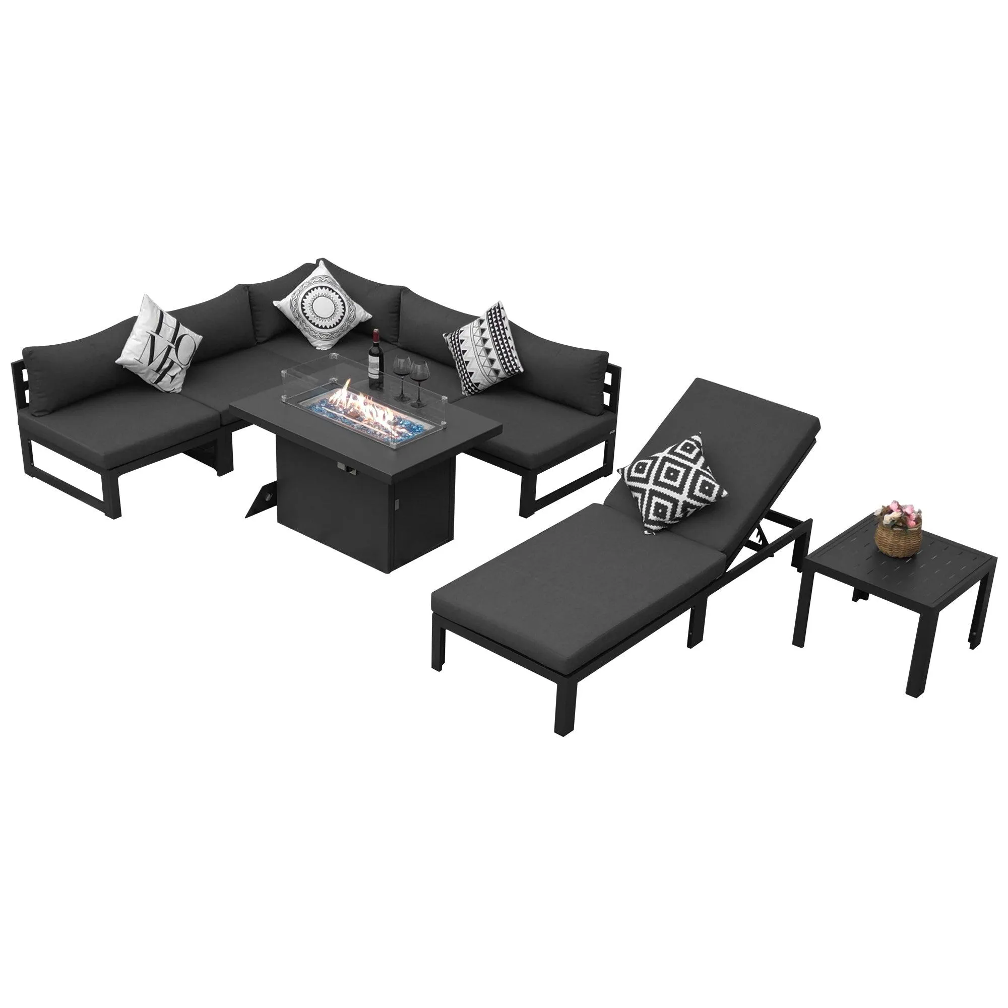 NICESOUL Aluminum Patio Sofa with Fire Pit, Chaise Lounge, Table 6 Seater 8-Piece