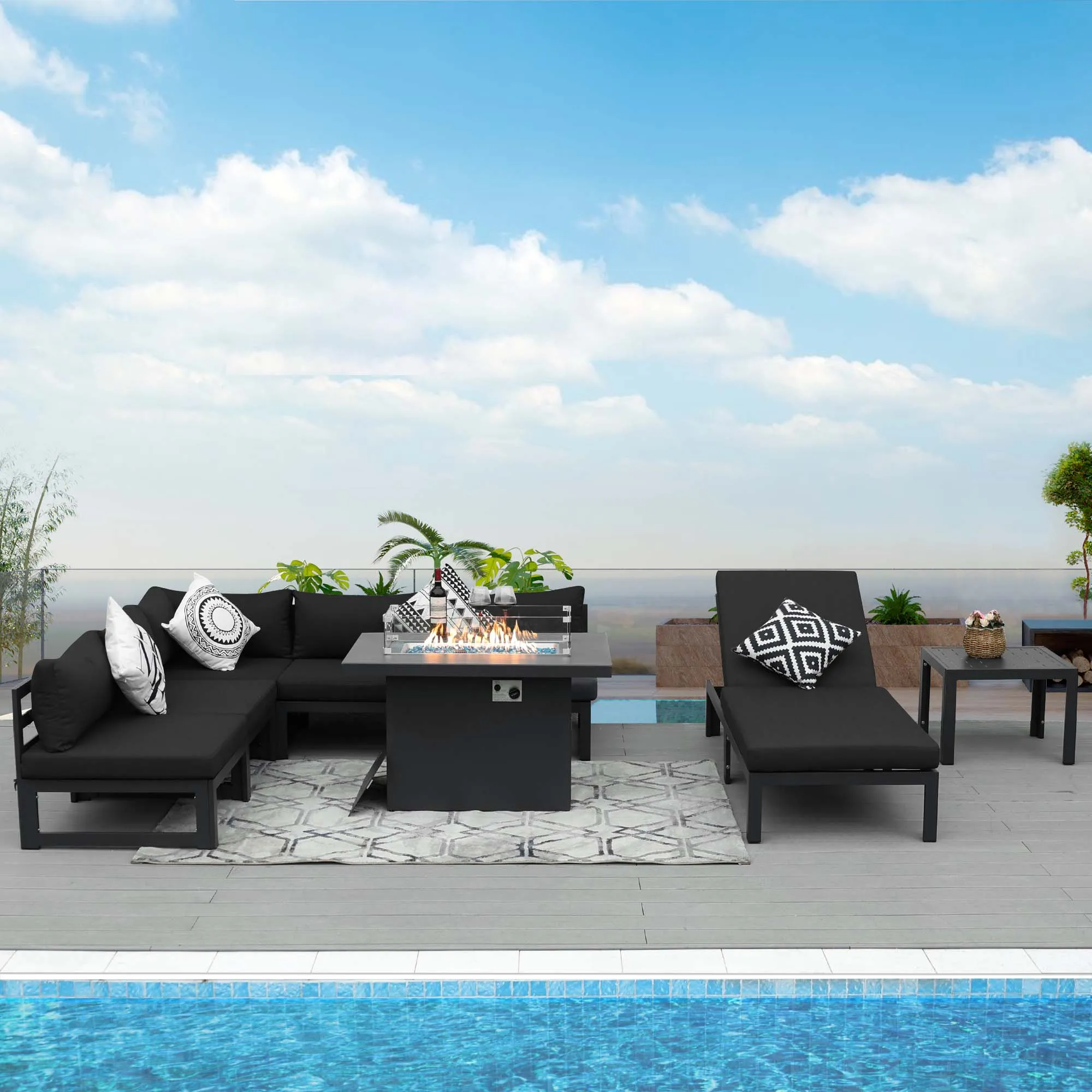 NICESOUL Aluminum Patio Sofa with Fire Pit, Chaise Lounge, Table 6 Seater 8-Piece