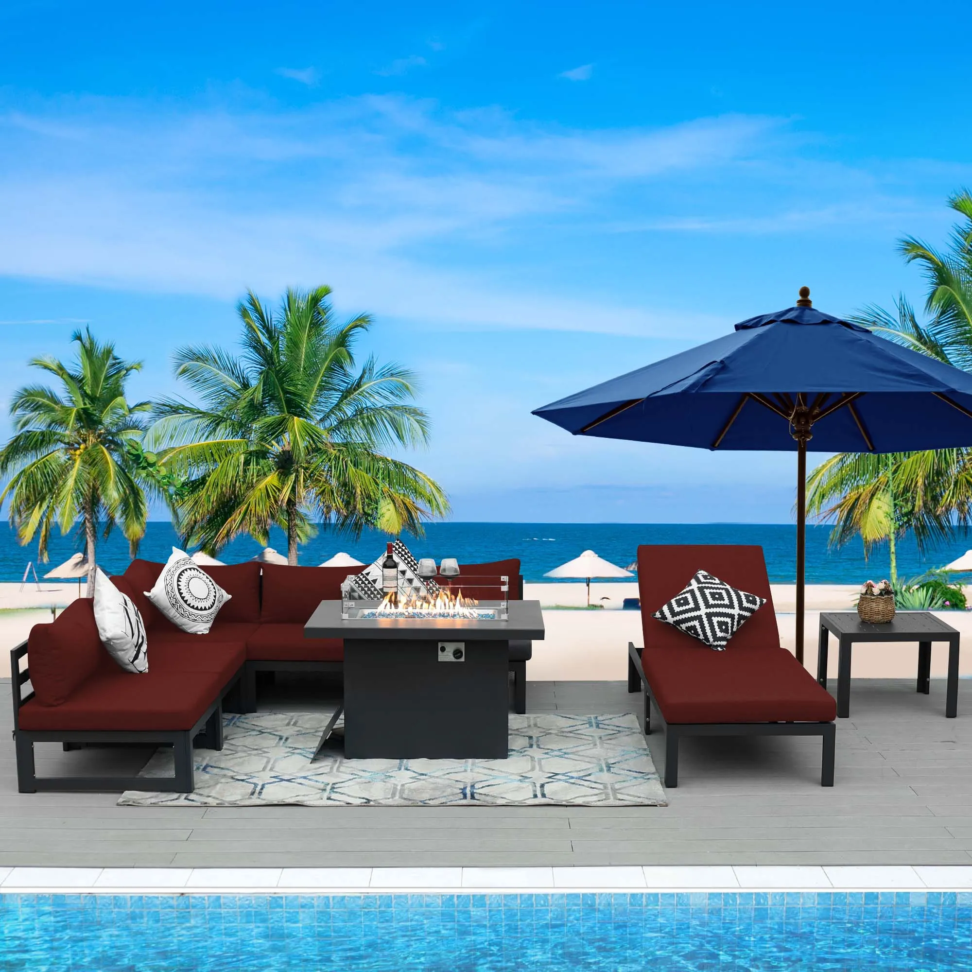 NICESOUL Aluminum Patio Sofa with Fire Pit, Chaise Lounge, Table 6 Seater 8-Piece