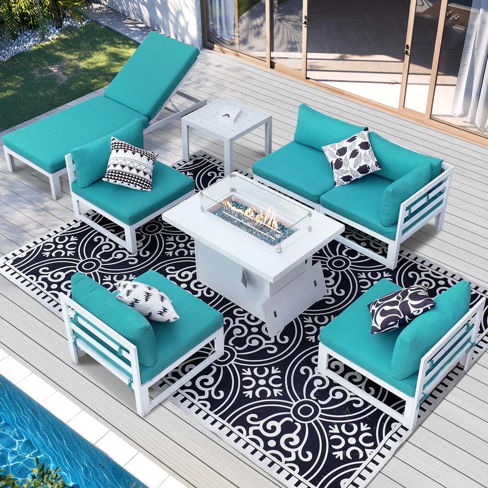 NICESOUL Aluminum Patio Sofa with Fire Pit, Chaise Lounge, Table 6 Seater 8-Piece