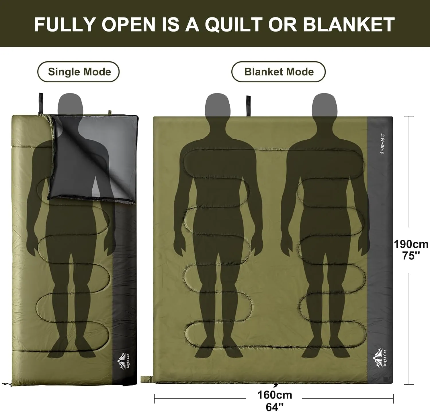 Night Cat Camping Sleeping Bag for Adults Portable Lightweight Backpacking Hiking Traveling Indoor Outdoor Temperature 5-15℃ Switch to a Quilt or Blanket