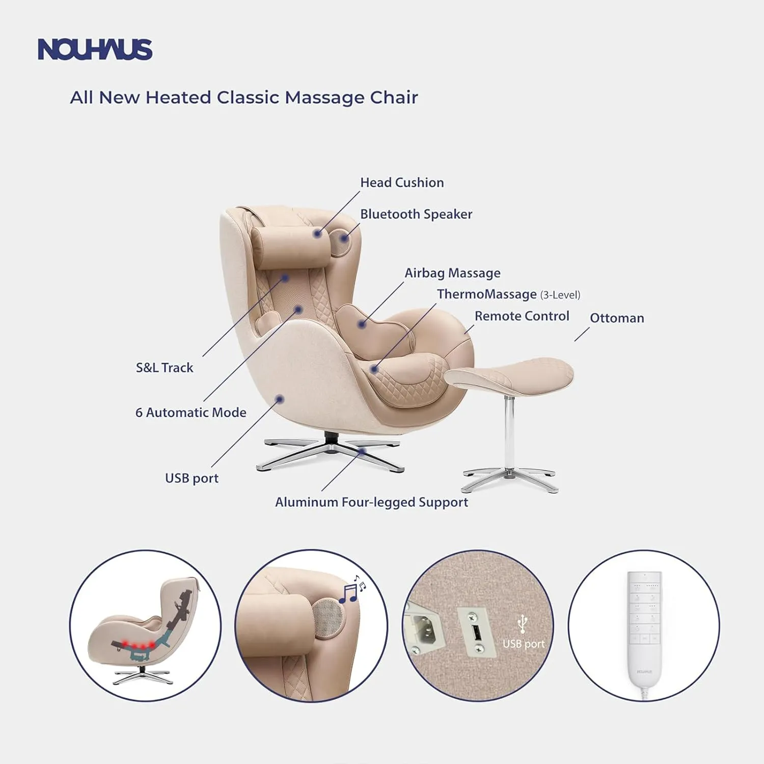 Nouhaus Classic Massage Chair with Ottoman – Mellow Sand Leather Recliner with Percussive Shiatsu Massager, Built-in Speaker & Full Body Spot Massage – Ultimate Comfort for Home & Office