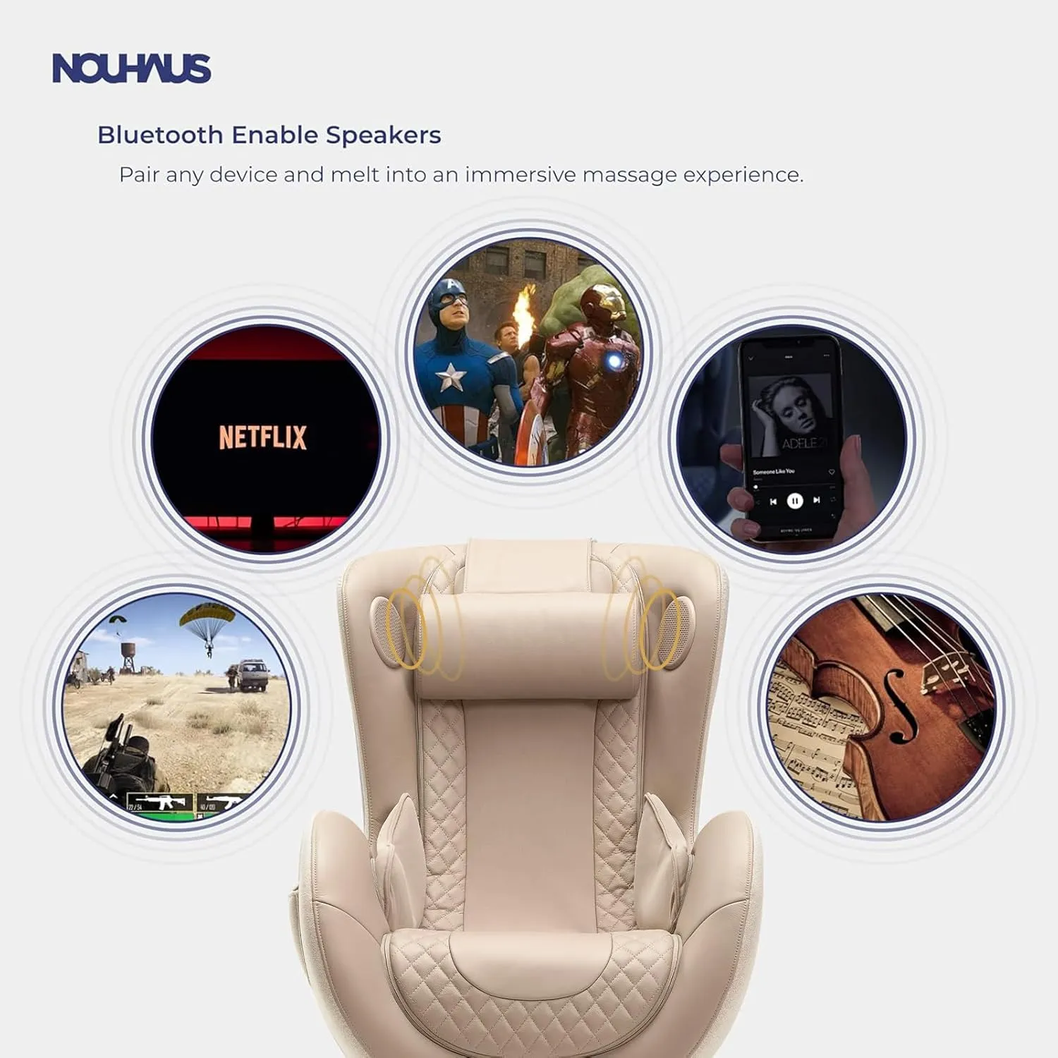 Nouhaus Classic Massage Chair with Ottoman – Mellow Sand Leather Recliner with Percussive Shiatsu Massager, Built-in Speaker & Full Body Spot Massage – Ultimate Comfort for Home & Office