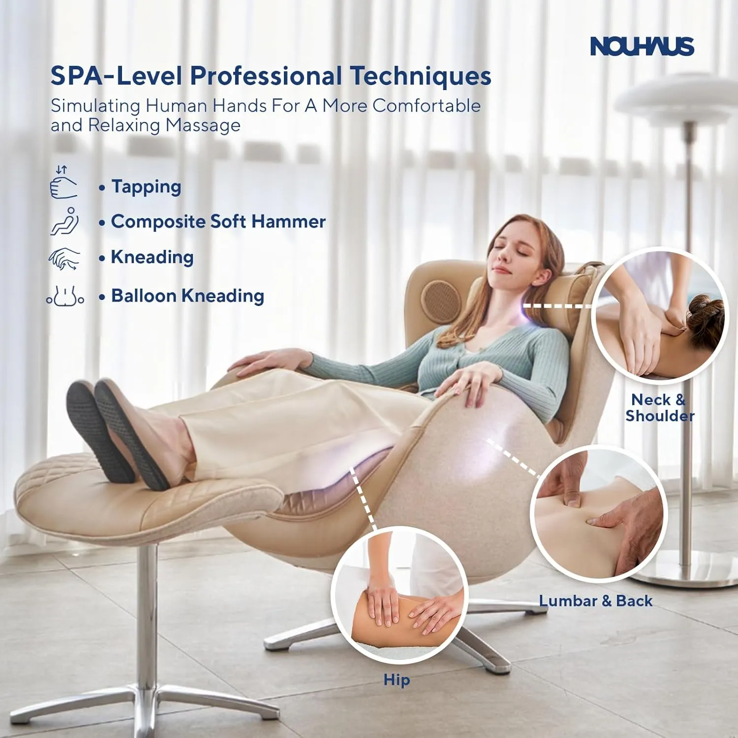 Nouhaus Classic Massage Chair with Ottoman – Mellow Sand Leather Recliner with Percussive Shiatsu Massager, Built-in Speaker & Full Body Spot Massage – Ultimate Comfort for Home & Office