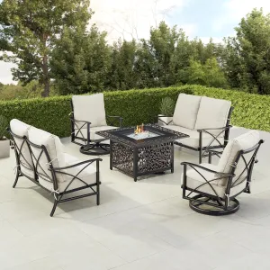 Oakland Living AHRI-2LS-2CH-MAYAN-LGCU-AC Black Aluminum Patio Fire Table Set Deep Seating Loveseat with Cushions and Two Club Chairs, Antique Copper