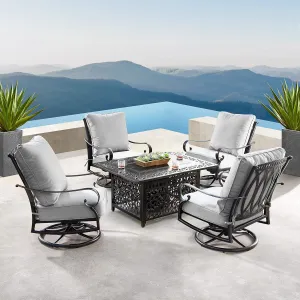 Oakland Living Aluminum 48 in. Rectangular Fire Table Set Four Deep Swivel Rockers, Fire Beads, Lid and Fabric Covers