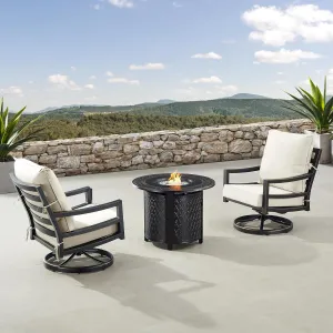 Oakland Living Black Aluminum Patio Fire Table Bistro Set with Two Club Chairs with Light Grey Cushions