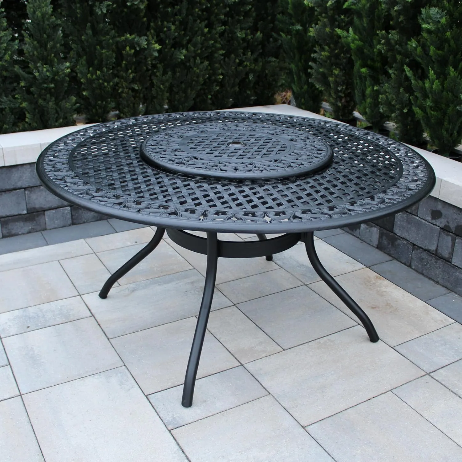 Oakland Living Ornate Outdoor Mesh Aluminum 59-in Black Large Round Patio Dining Table with Lazy Susan