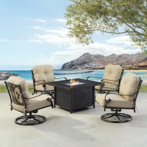 Oakland Living POPPY-4CH-CAVE-TNCU-AC Black Aluminum Patio Fire Table Set with Four Club Chairs, Antique Copper