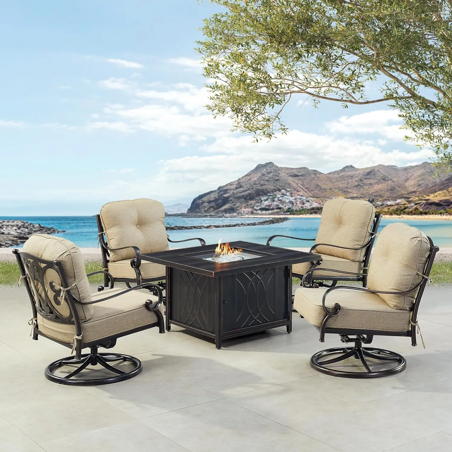 Oakland Living POPPY-4CH-CAVE-TNCU-AC Black Aluminum Patio Fire Table Set with Four Club Chairs, Antique Copper