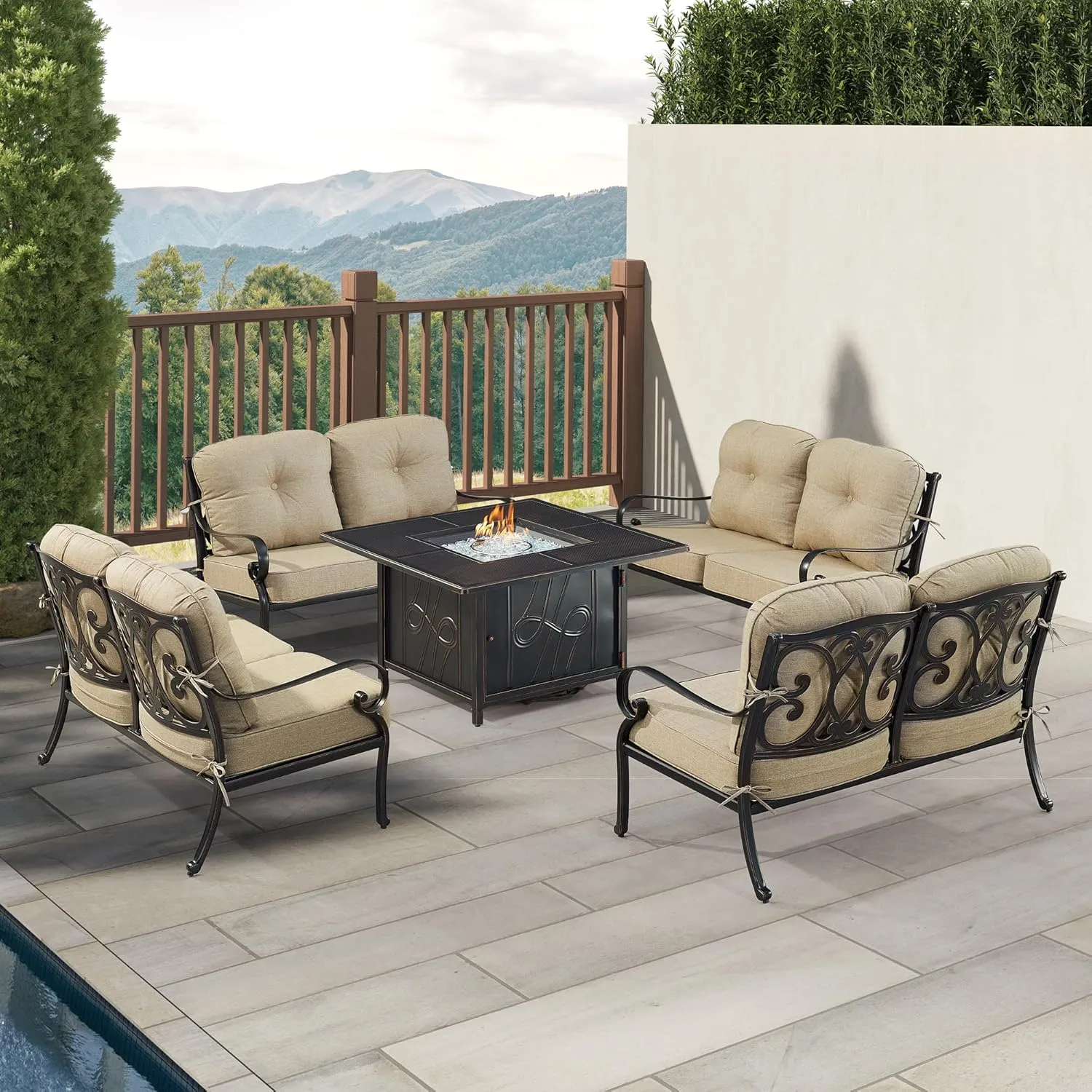 Oakland Living POPPY-4LS-REGIS-TNCU-AC Black Aluminum Patio Fire Table Set with Four Deep Seating Loveseat with Cushions, Antique Copper