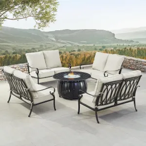 Oakland Living RICA-4LS-ITALY-LGCU-IB-AC Black Aluminum Patio Fire Table Set with Four Deep Seating Loveseat with Cushions, Antique Copper