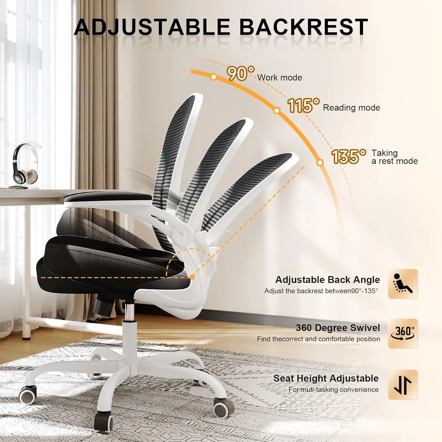 Office Chair, Ergonomic Desk Chairs 330LBS Capacity High Back Mesh Computer Chair with Flip-up Armrests, Comfy Work with Adjustable Lumbar Support, Rolling Swivel Executive Task