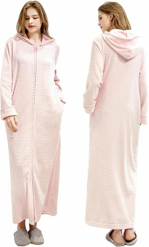 Oksun Womens Fleece Warm Robe: Cozy Flannel Long Zipper Bathrobe - Plush Winter Housecoat Nightgown