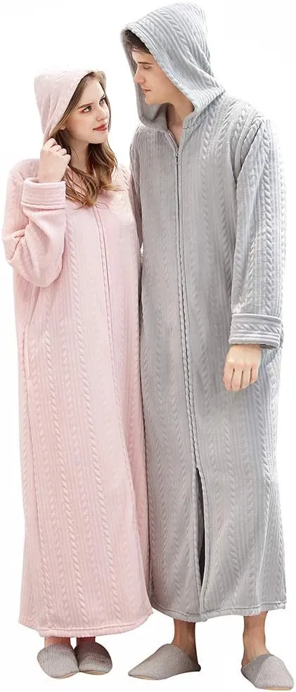 Oksun Womens Fleece Warm Robe: Cozy Flannel Long Zipper Bathrobe - Plush Winter Housecoat Nightgown