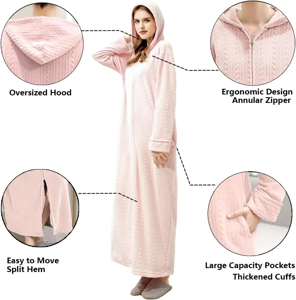 Oksun Womens Fleece Warm Robe: Cozy Flannel Long Zipper Bathrobe - Plush Winter Housecoat Nightgown