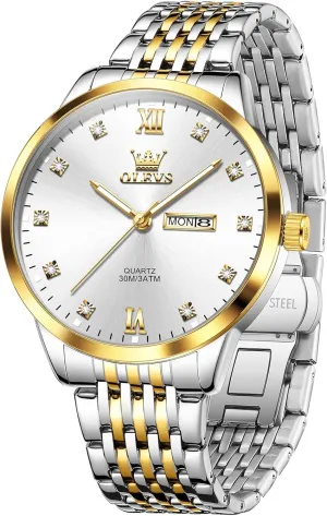OLEVS Stainless Steel Classic Watches, Large Face Quartz Dress Watches for Men, Easy to Read Men's Waterproof Watch with Day and Date, Blue/Black/Silver/Gold/Grey Dial