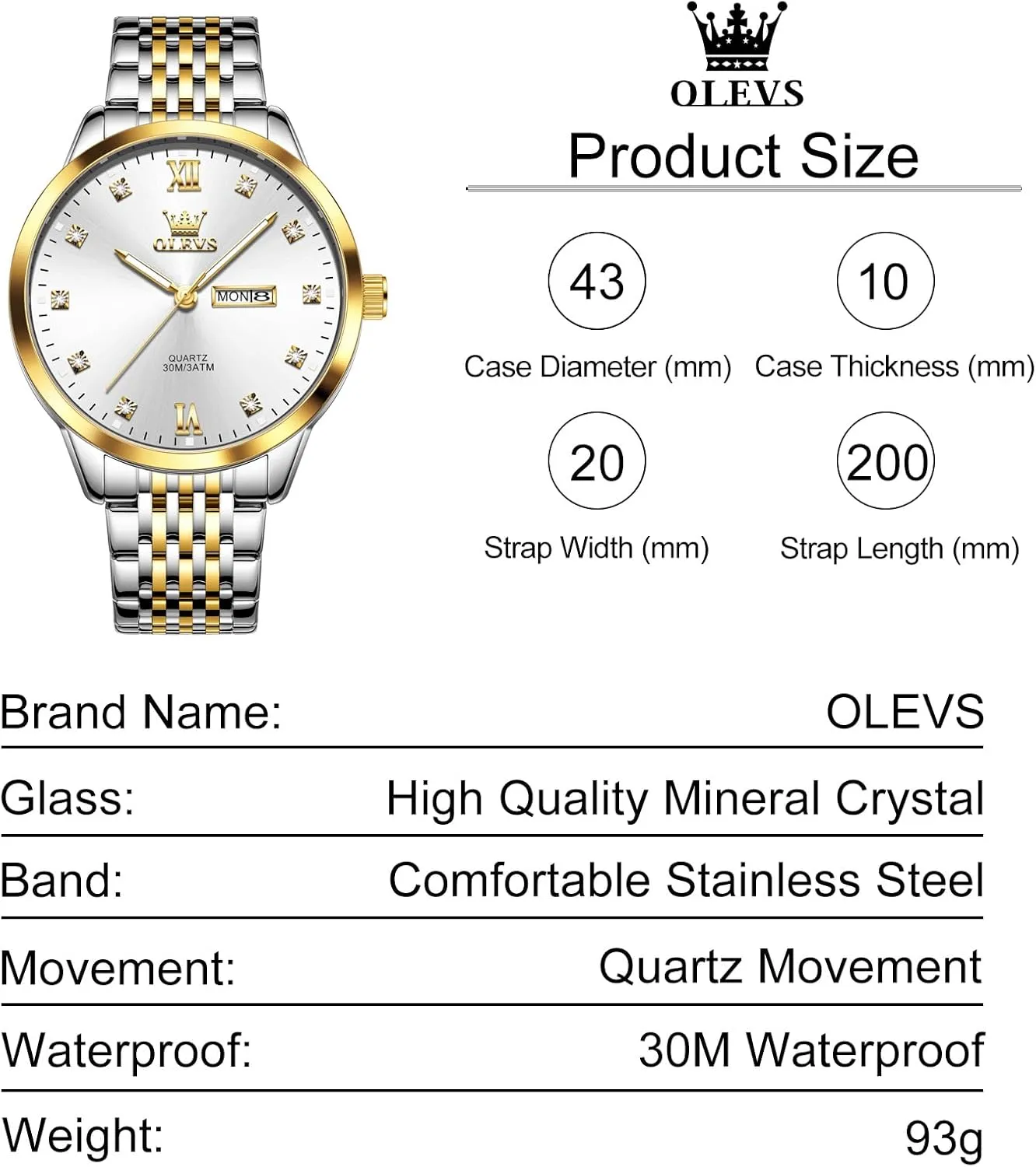 OLEVS Stainless Steel Classic Watches, Large Face Quartz Dress Watches for Men, Easy to Read Men's Waterproof Watch with Day and Date, Blue/Black/Silver/Gold/Grey Dial