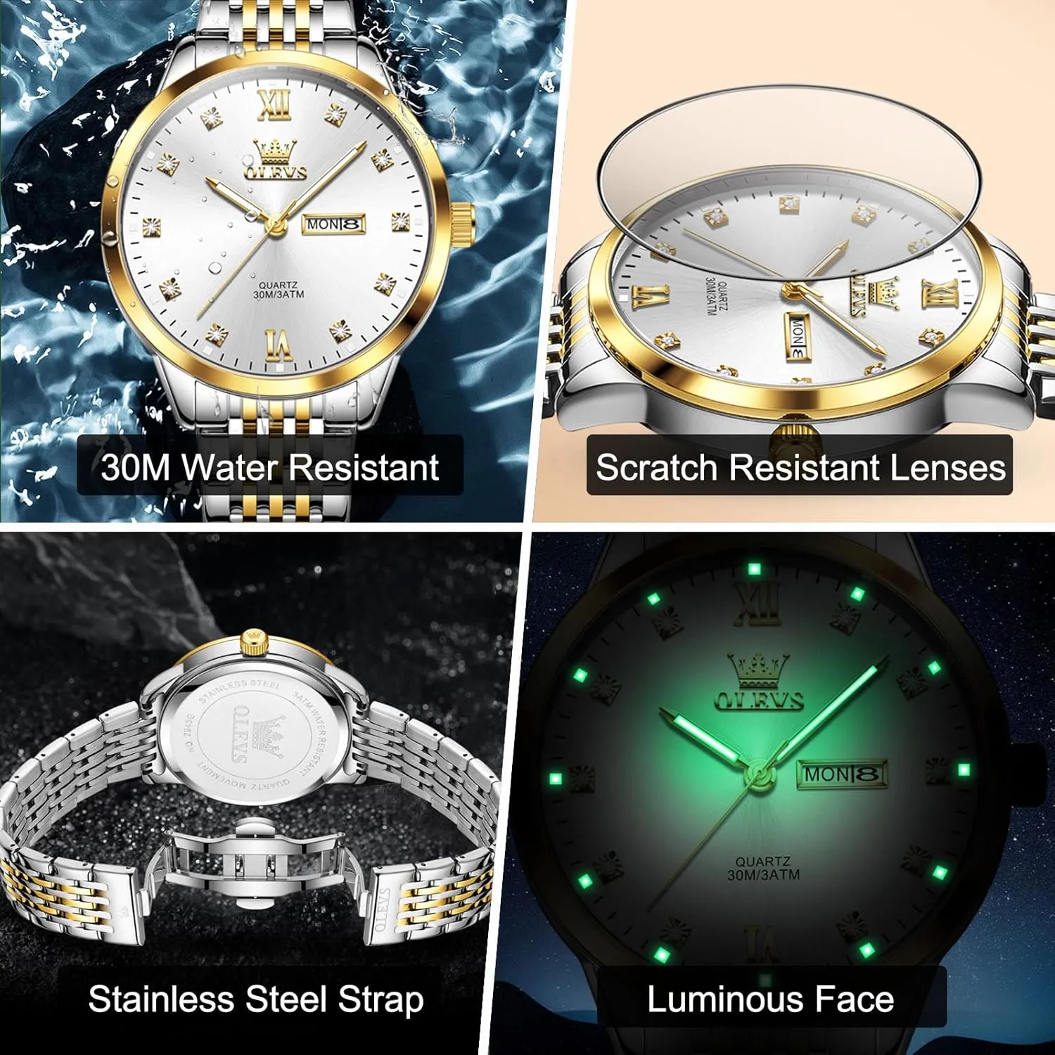 OLEVS Stainless Steel Classic Watches, Large Face Quartz Dress Watches for Men, Easy to Read Men's Waterproof Watch with Day and Date, Blue/Black/Silver/Gold/Grey Dial