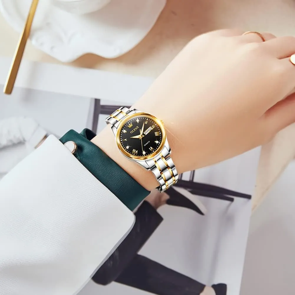 OLEVS Women Watches Business Dress Female Ladies for Small Wrist Watch Gold Silver Tone Stainless Steel Band Analog Quartz Day Date Waterproof Lady Watches
