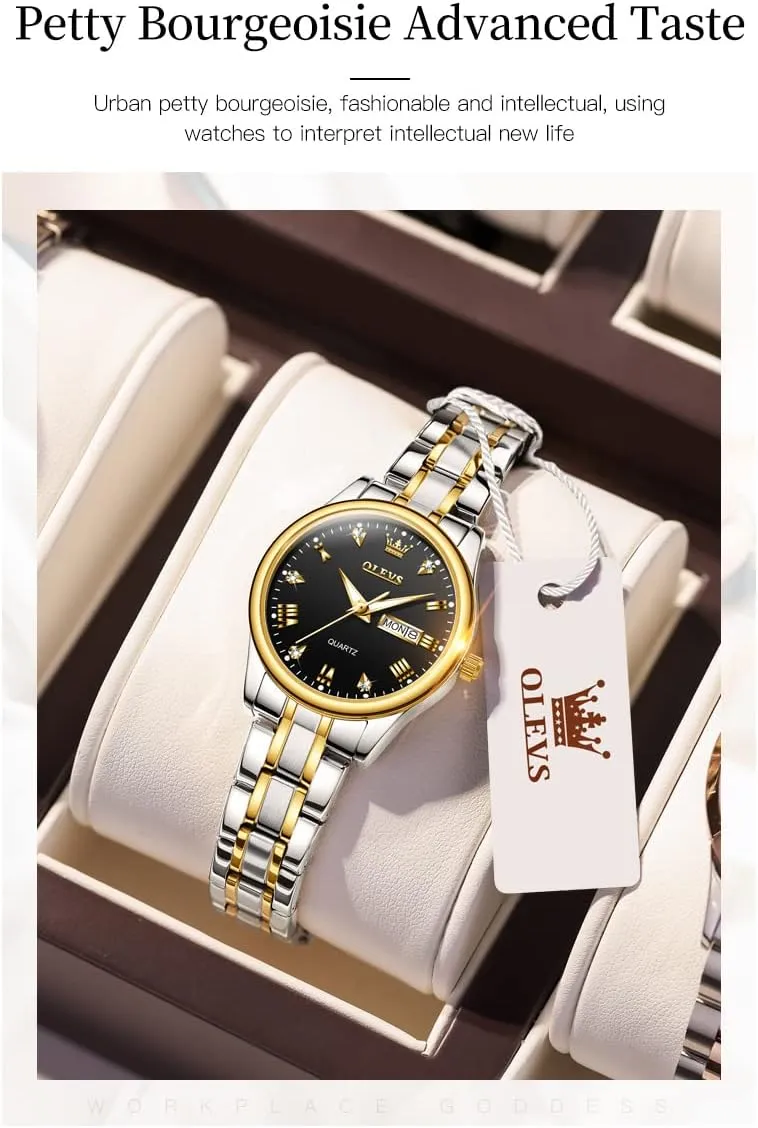 OLEVS Women Watches Business Dress Female Ladies for Small Wrist Watch Gold Silver Tone Stainless Steel Band Analog Quartz Day Date Waterproof Lady Watches
